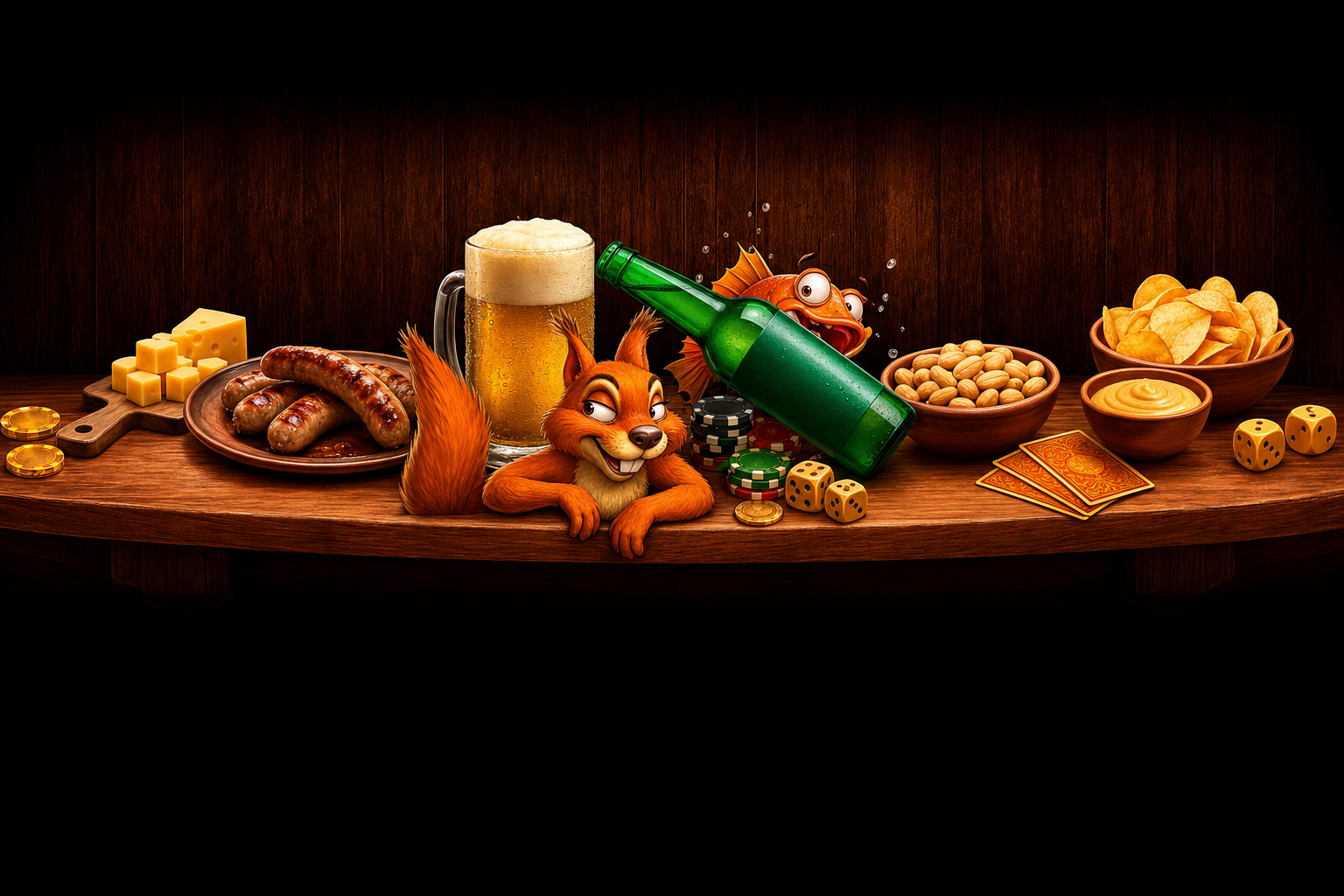 Игры Pivo Casino Пивной бар с рыбкой, белкой, слотами, фишками и игровыми картами